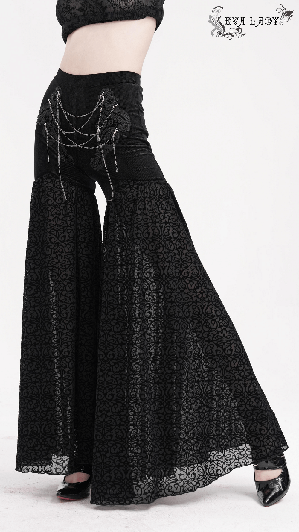 Elegant women's lace palazzo pants with chains, showcasing gothic style and a wide-leg silhouette for bold fashion statements.