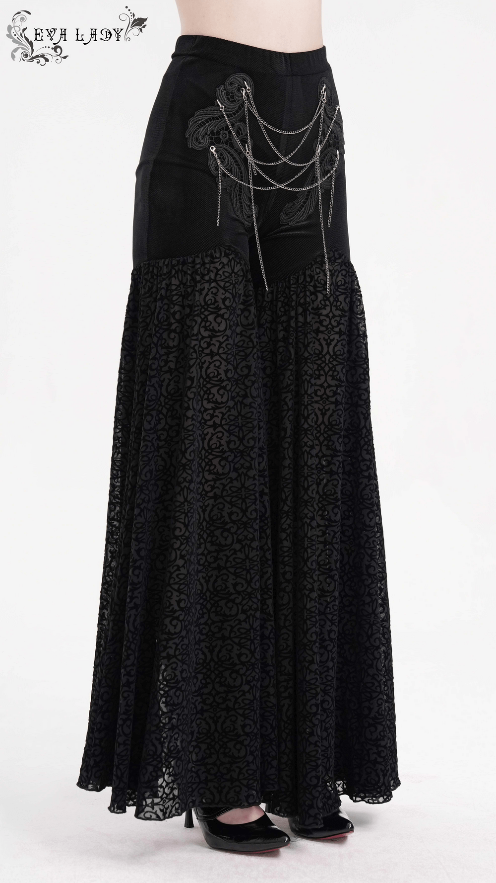 Exquisite women's lace palazzo pants with chain detailing, showcasing gothic elegance and wide-leg style.