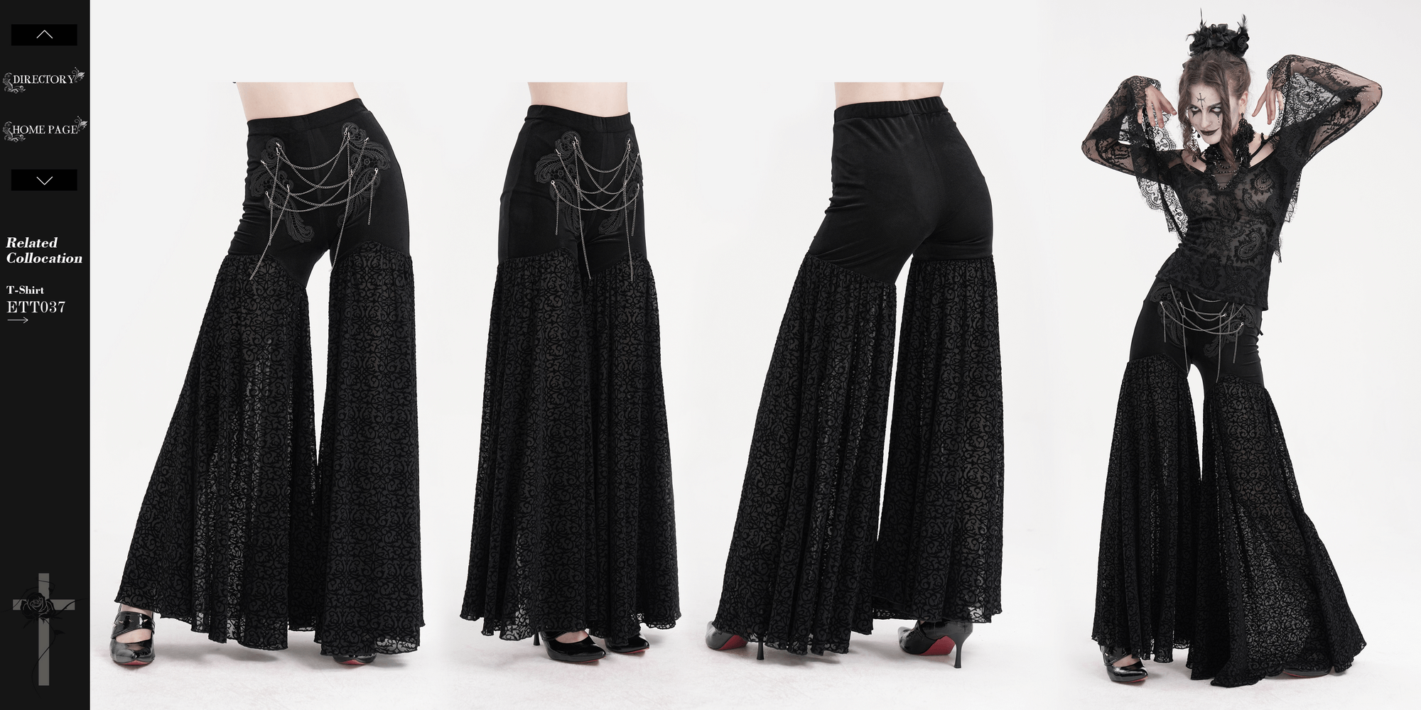 Exquisite women's lace palazzo pants with chain detailing, showcasing gothic elegance and wide-leg design. Perfect for bold fashion statements.