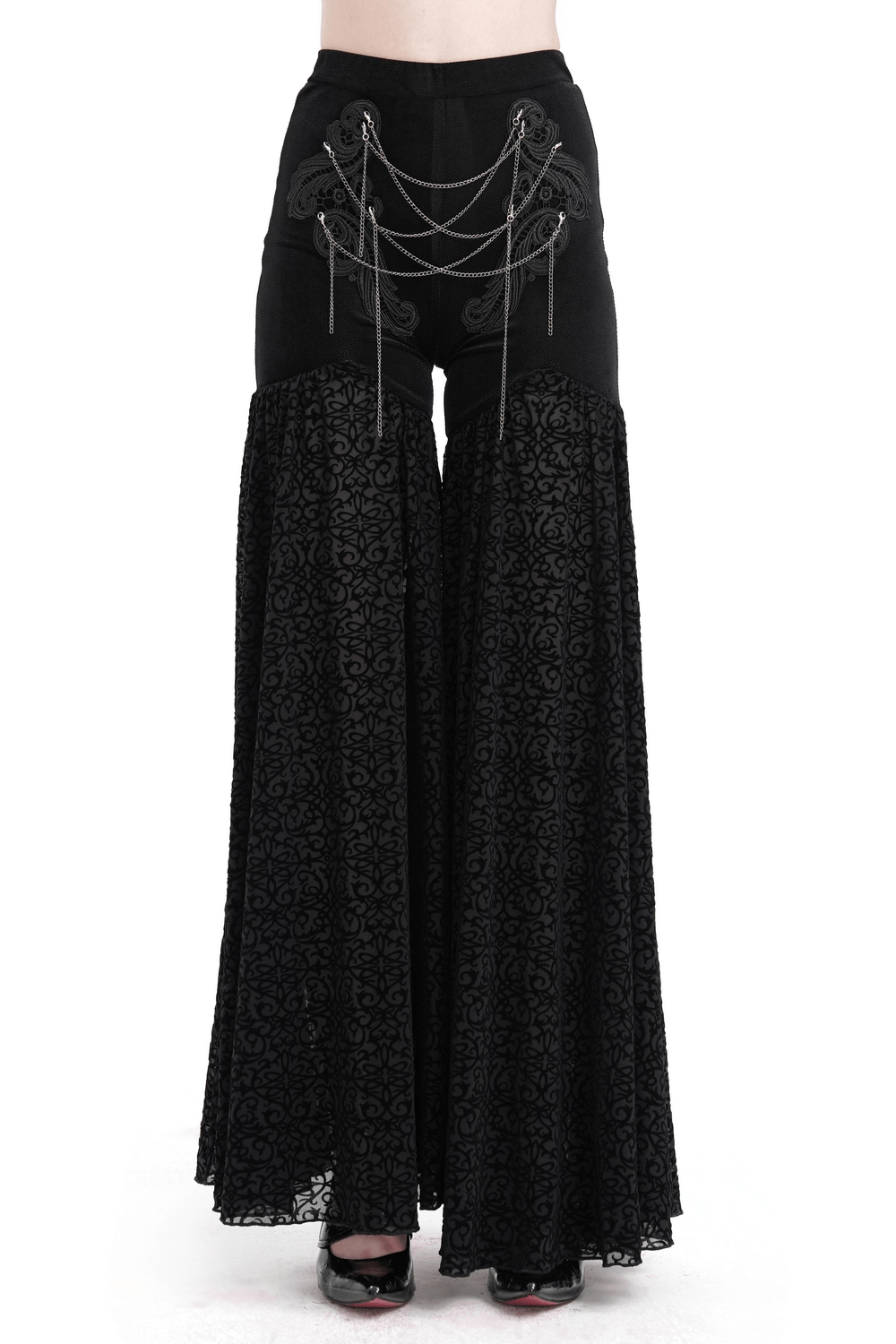 Exquisite women's lace palazzo pants with elegant chain detailing, perfect for bold fashion statements and themed parties.