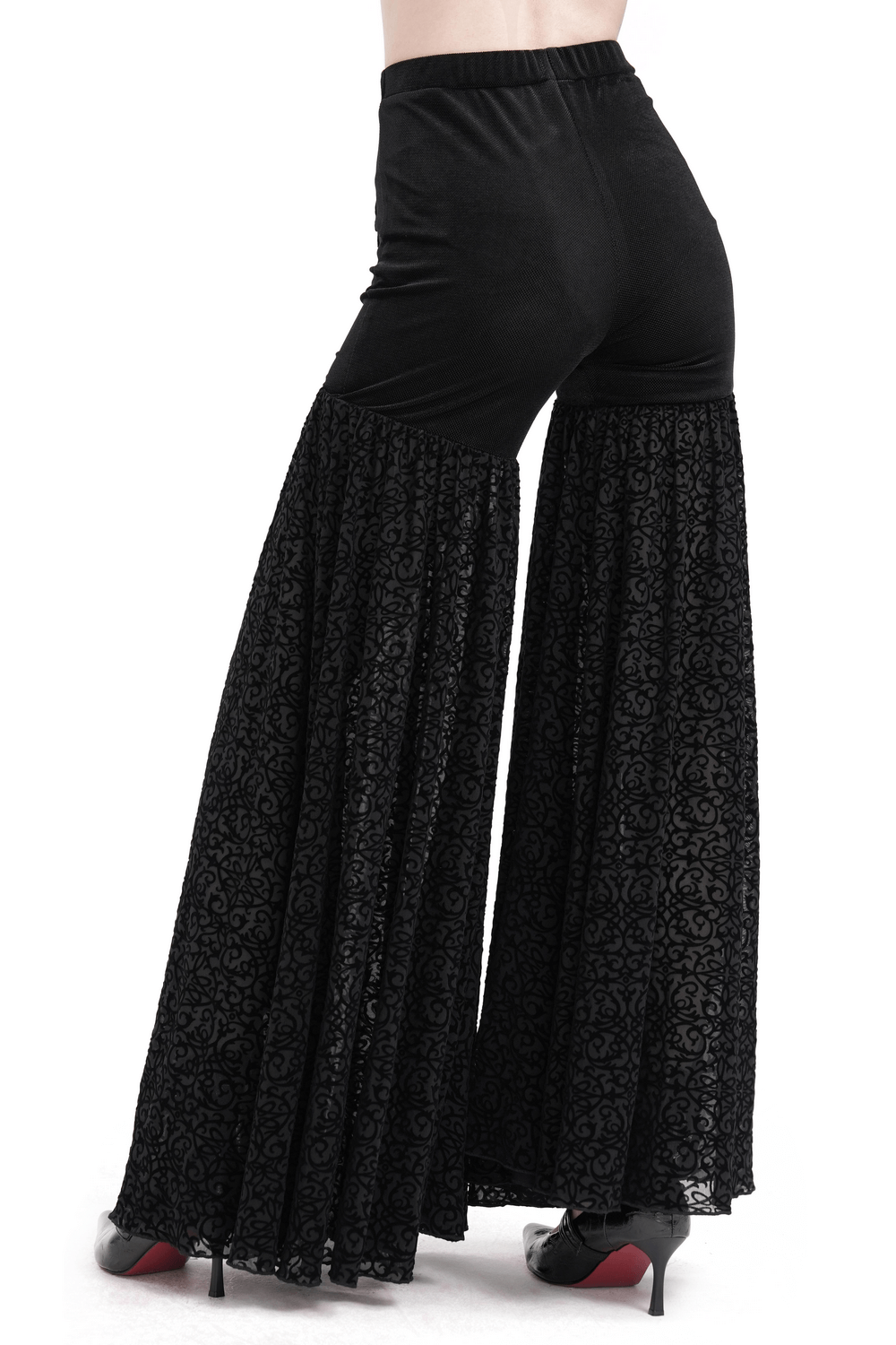 Elegant women's lace palazzo pants featuring wide legs and stunning chain details, perfect for gothic fashion lovers.