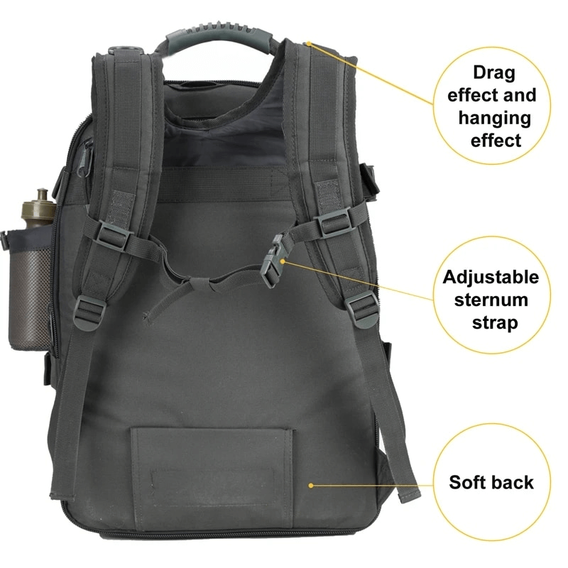 Extra large tactical backpack showcasing adjustable sternum strap and soft back, perfect for travel and daily use.