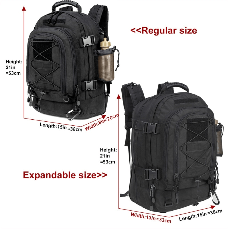 Extra large tactical backpack showing regular and expandable sizes for versatile storage and travel.