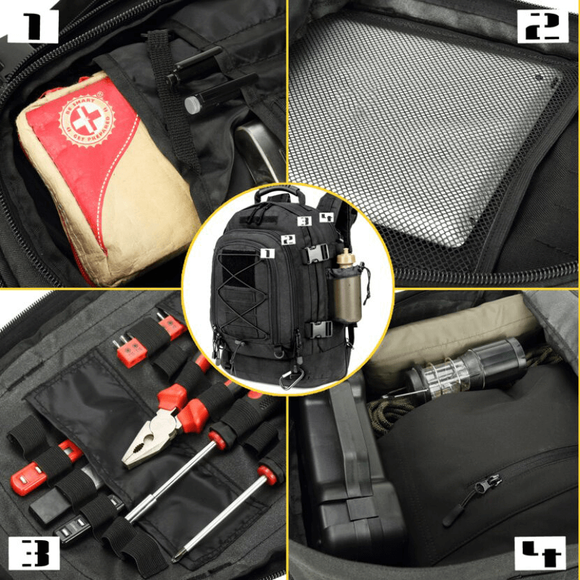 Extra large tactical backpack showcasing organized storage compartments and waterproof features for travel adventures.