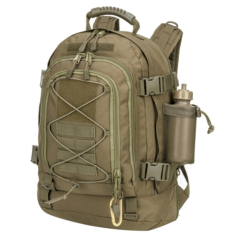 Extra large tactical backpack in olive green with water bottle holder, perfect for travel and daily use.