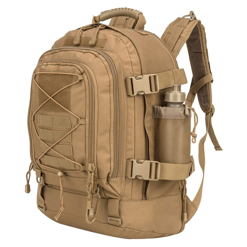 Extra large unisex tactical backpack in tan color, featuring ample storage and a water bottle holder for outdoor adventures.