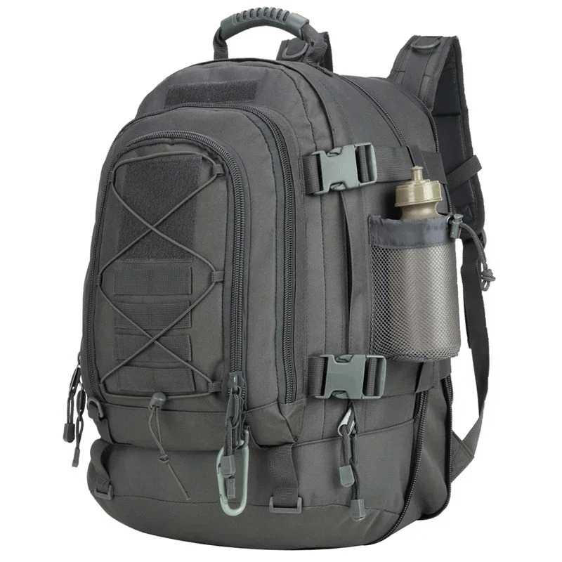 Extra large tactical backpack in black with water bottle holder, perfect for travel and everyday use.