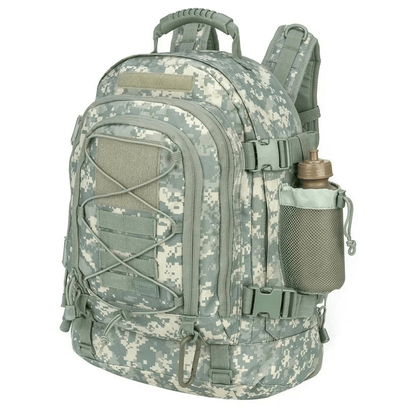 Extra large tactical backpack in camouflage, waterproof and stylish for men and women, perfect for travel and outdoor adventures.