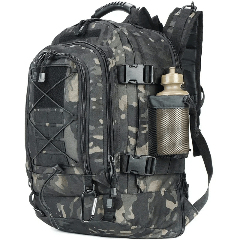 Extra large tactical backpack in camo design, perfect for travel and daily use, featuring water bottle holder and ample storage.