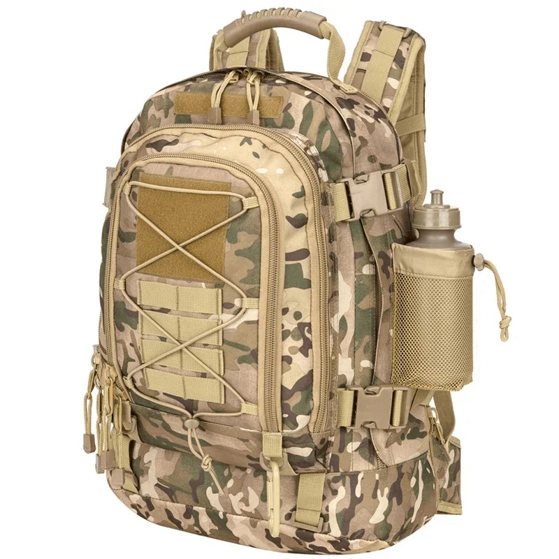 Extra large tactical backpack in camouflage with water bottle holder, ideal for travel and adventures.