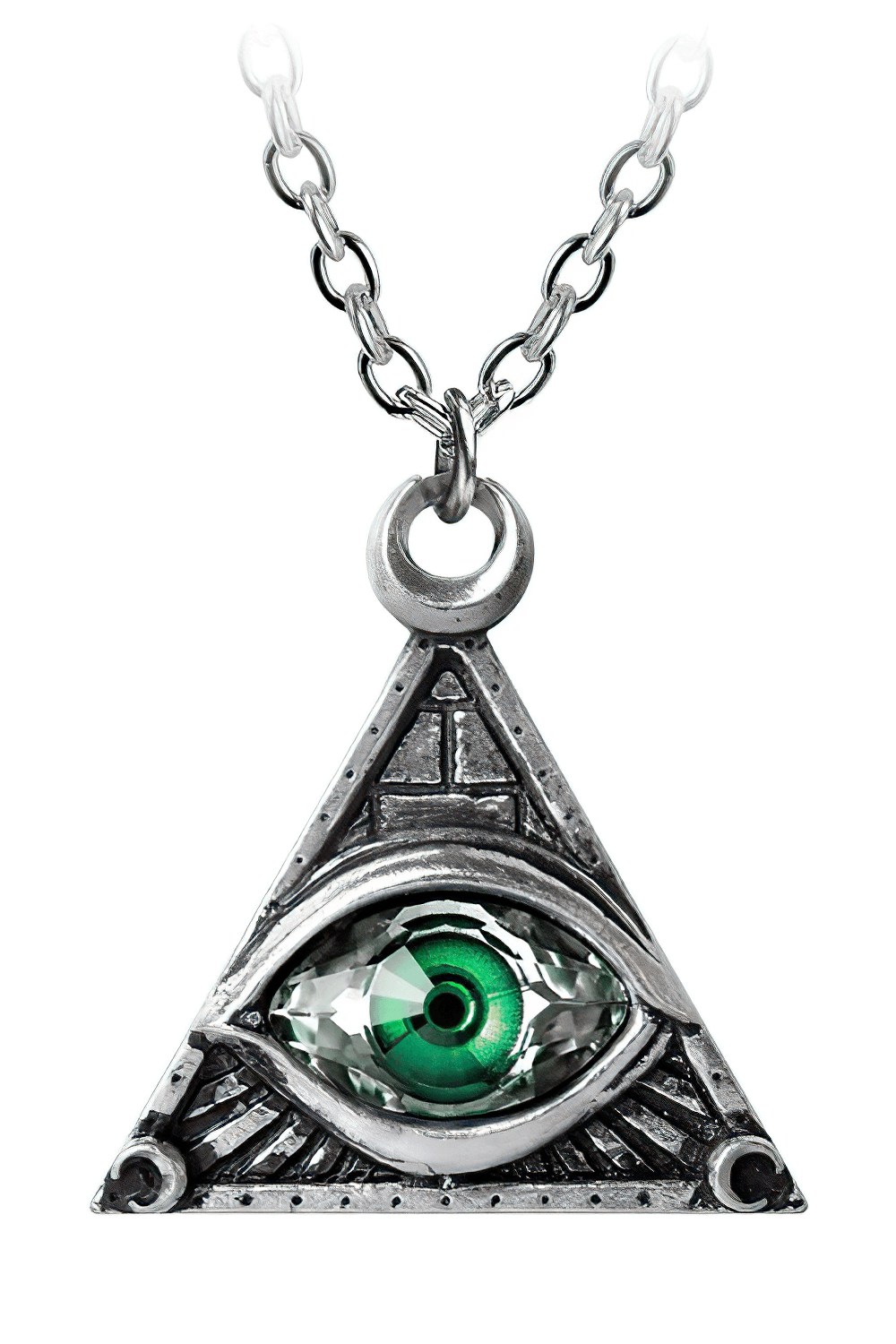 Eye of Providence pendant necklace with green gemstone, symbolizing divine guidance and spiritual growth.
