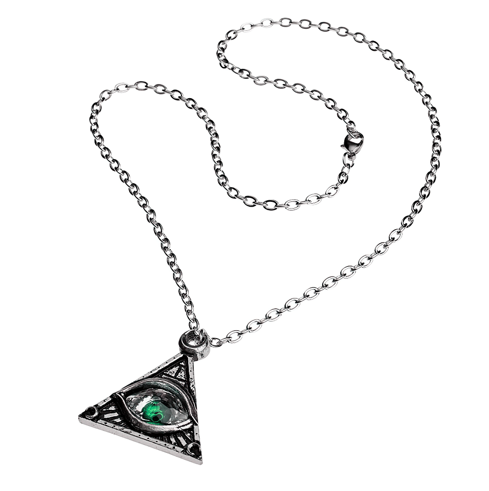 Silver Eye of Providence pendant on chain, featuring a green gem, symbolizes spiritual growth and protection.