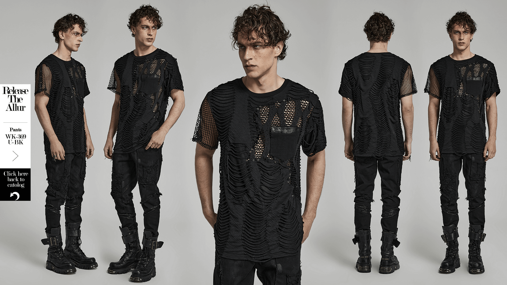 Edgy eyelet-studded punk t-shirt with bold mesh splice design, perfect for a daring look.