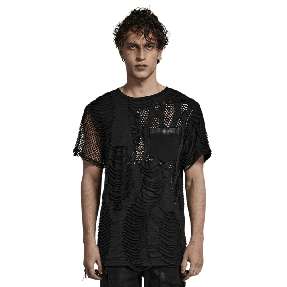 Edgy black punk T-shirt with mesh splice design and unique cutouts, perfect for a bold street style look.