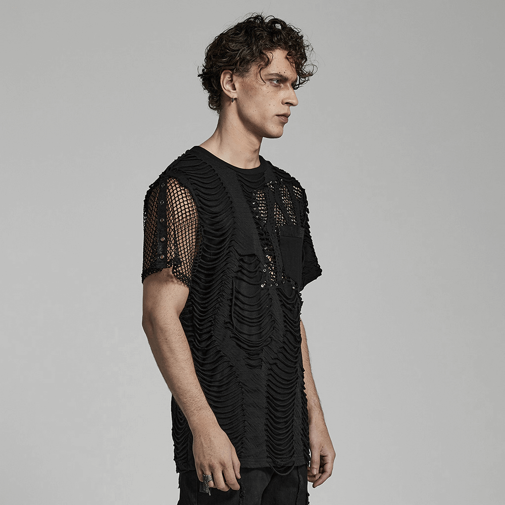 Edgy eyelet-studded punk t-shirt with mesh splice design, perfect for a bold and daring look.