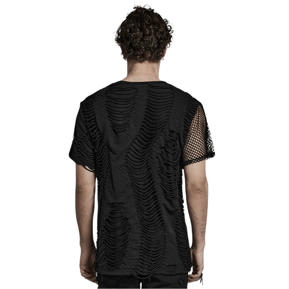 Back view of an Eyelet-Studded Punk T-Shirt with edgy mesh splice design, showcasing unique texture and style.