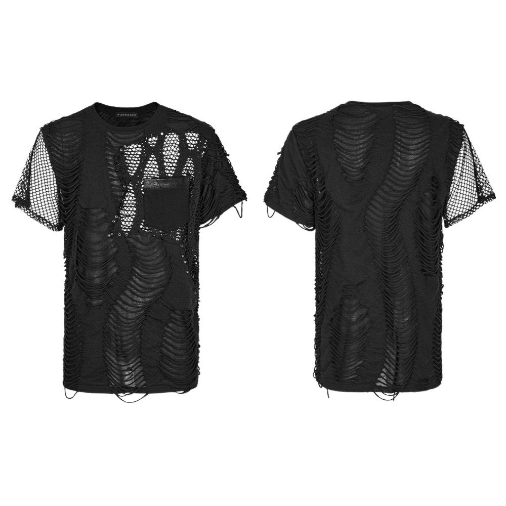 Black eyelet-studded punk T-shirt with daring mesh splicing and edgy distressed design.