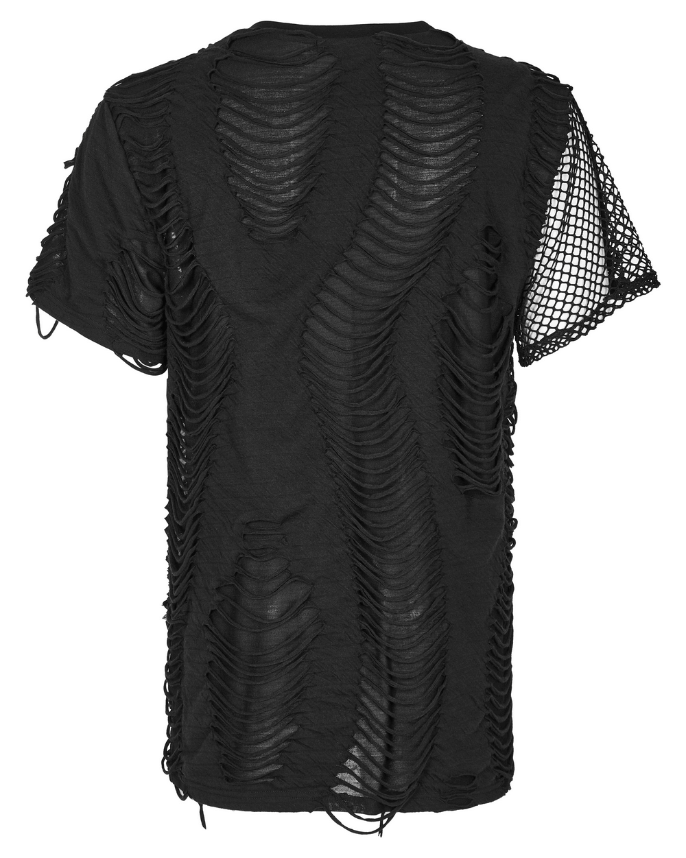 Back view of Eyelet-Studded Punk T-Shirt showcasing edgy mesh splice design and bold shredded detailing.
