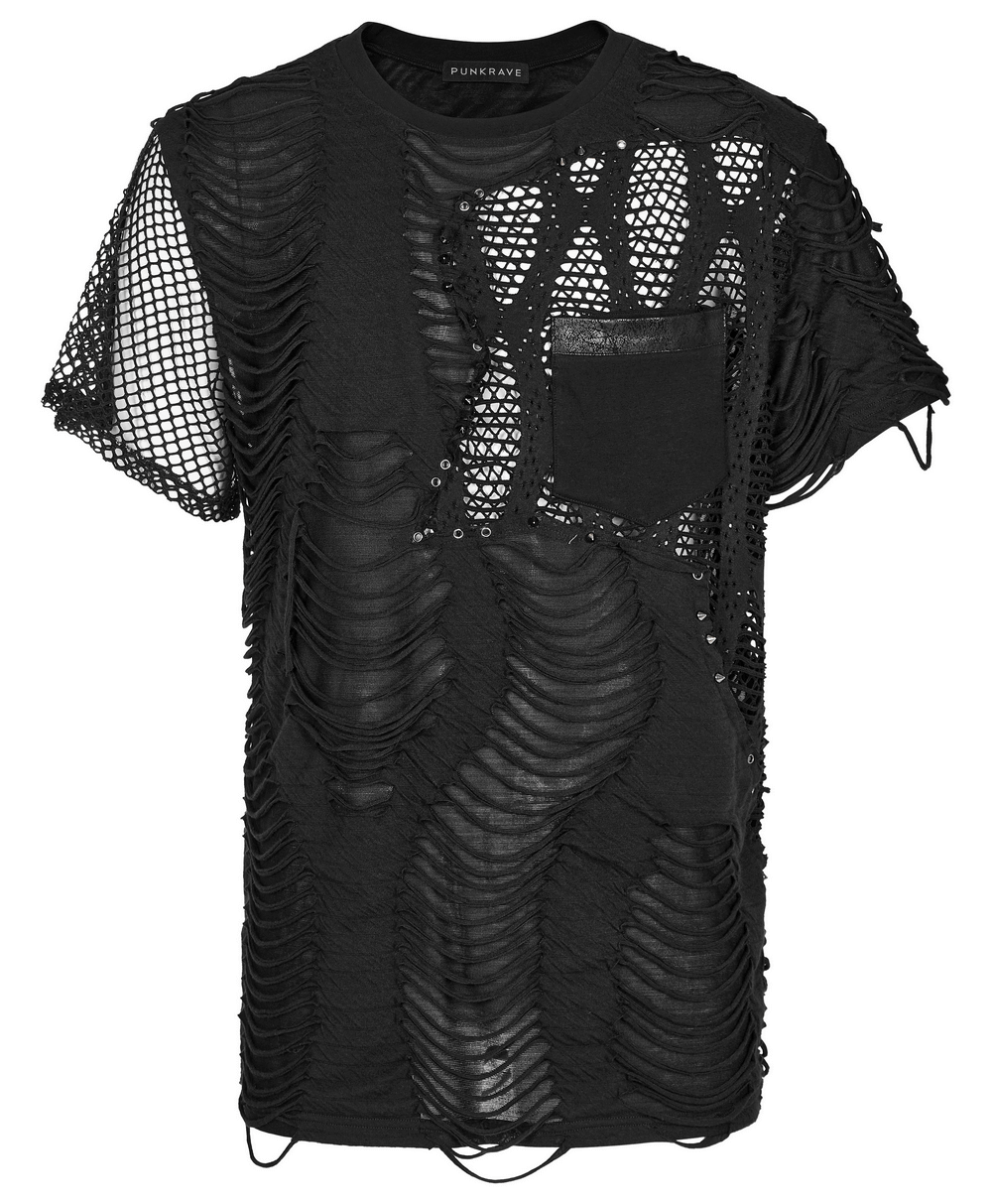 Eyelet-studded black punk t-shirt with mesh splice design and edgy cutouts for a bold style statement.