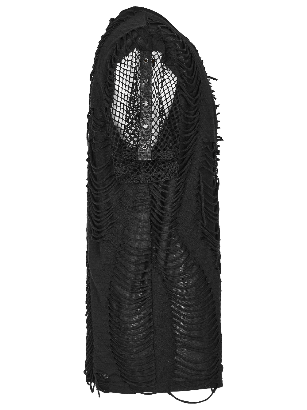Edgy black punk t-shirt with mesh splice design and eyelet accents, showcasing a bold, unconventional style.