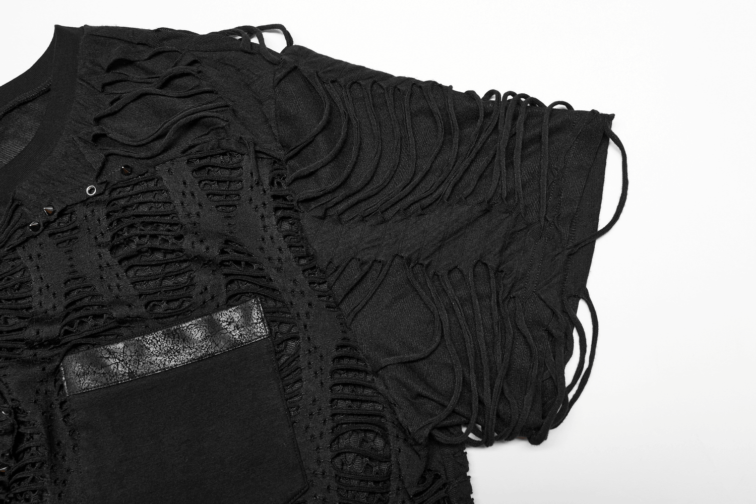 Edgy eyelet-studded black punk tee with bold mesh splice design and unconventional cutouts.