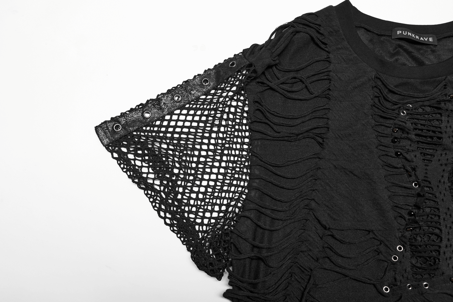Edgy Eyelet-Studded Punk T-Shirt with bold black mesh splice design and bold accents for daring style.