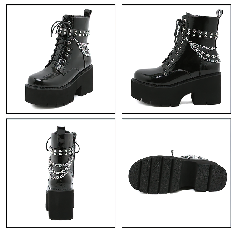 Stylish women's motorcycle boots with metal chain accents, patent leather, and chunky platform for a trendy look.