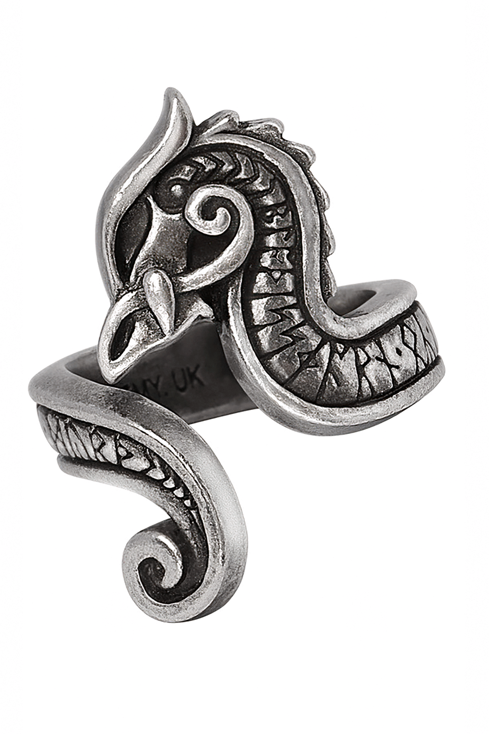 Fafnirok Viking Dragon Ring in antique pewter with intricate dragon head design, inspired by Norse mythology.