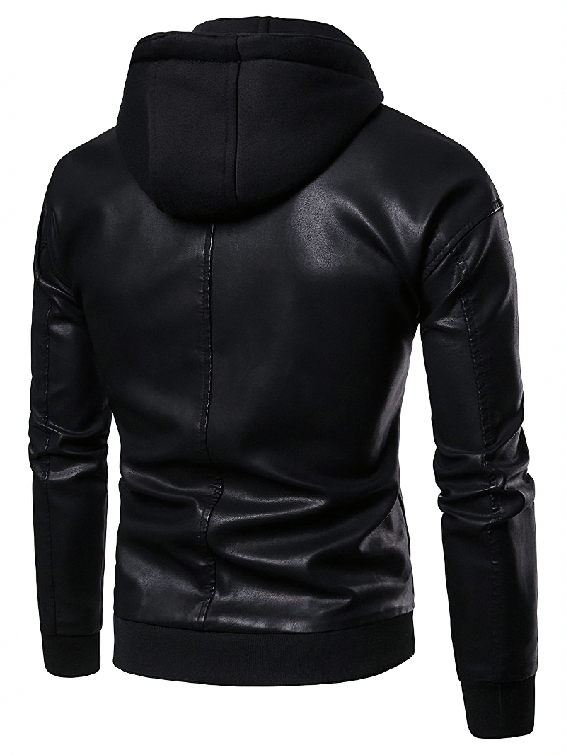 Fake Two-Pieces Motorcycle PU Leather Men's Jacket / Windproof Slim Fit Hooded Black Outwear - HARD'N'HEAVY