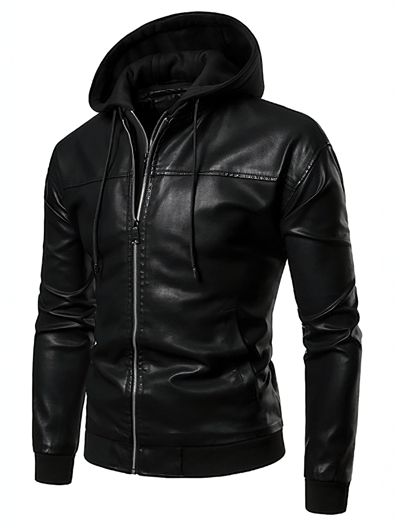 Fake Two-Pieces Motorcycle PU Leather Men's Jacket / Windproof Slim Fit Hooded Black Outwear - HARD'N'HEAVY