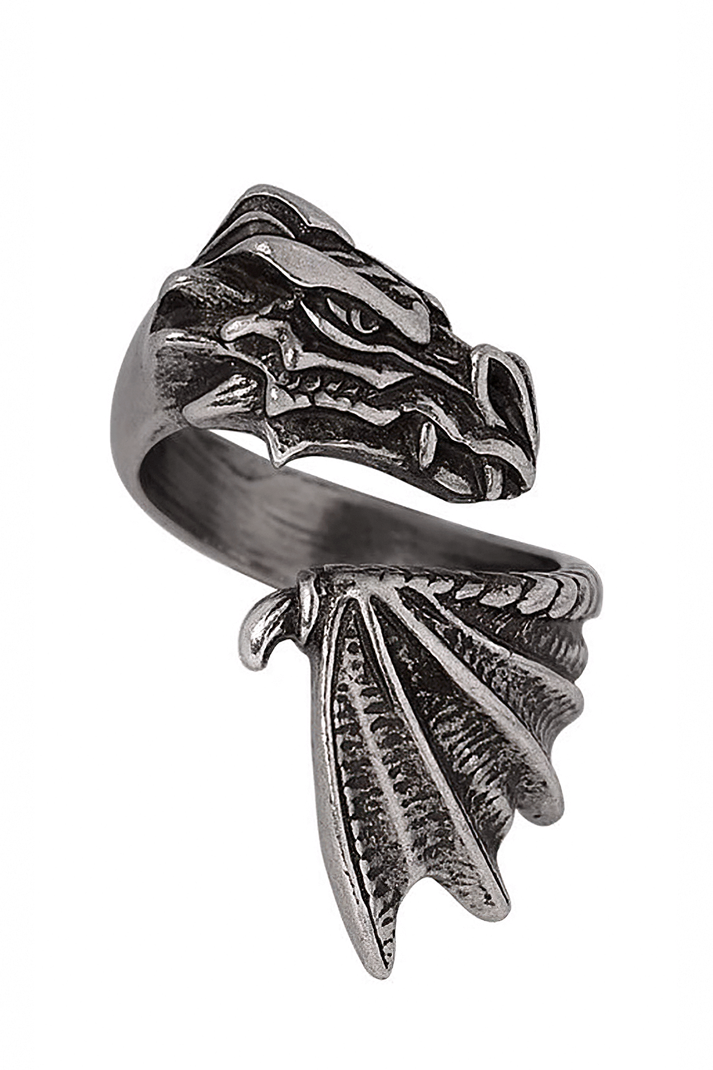 Handcrafted Gothic dragon ring in pewter, featuring a detailed dragon head and wing design for fantasy enthusiasts.