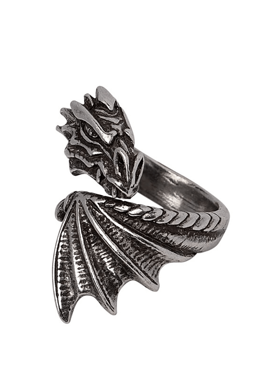 Handcrafted Awakening Dragon Ring in pewter, featuring a detailed dragon head and wing design.