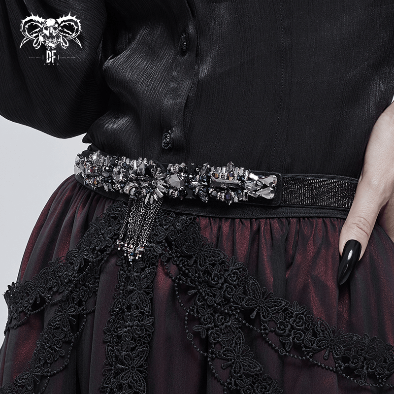 Fashion black crystal glass tassel belt for women, adding a gothic punk touch to any outfit.