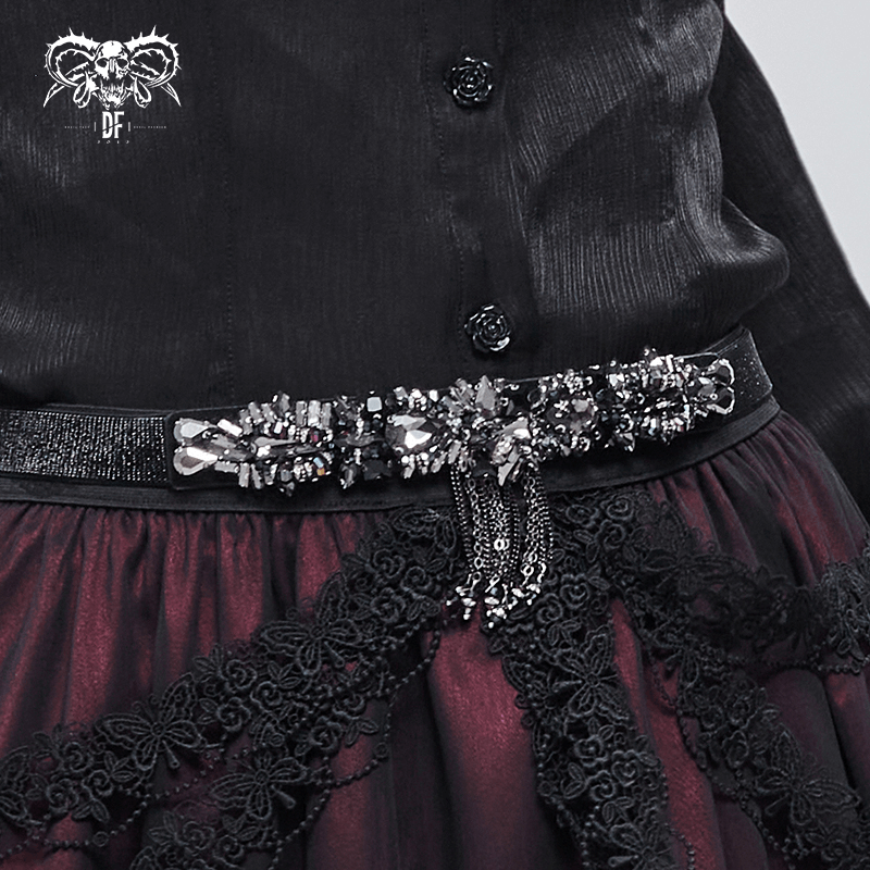 Fashion black crystal glass tassel belt for women, showcasing punk style with elegant detailing.