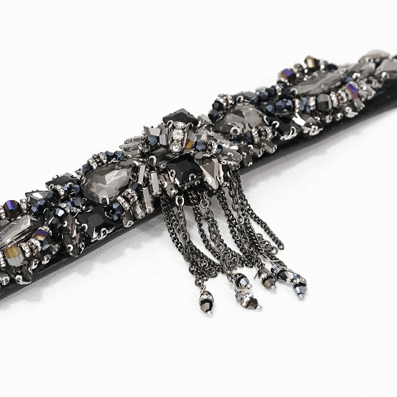 Fashion black crystal glass tassel belt for women, featuring intricate beadwork in gothic punk style.