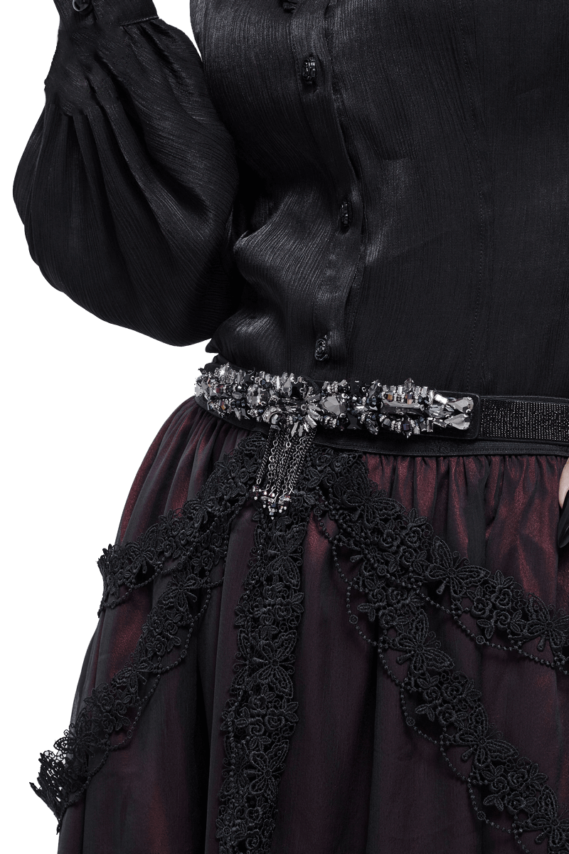 Stylish women's black belt with crystal buckle and tassel, perfect for gothic punk outfits.