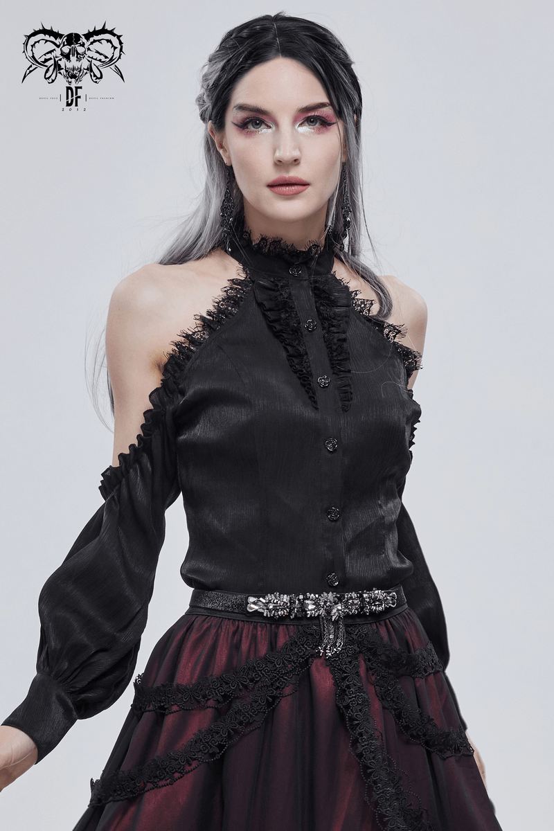 Gothic punk woman wearing an elegant black shirt with ruffles and a stylish belt, showcasing a fashionable dark aesthetic.
