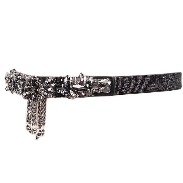 Fashion black crystal glass tassel belt for women, punk style accessory for edgy outfits.