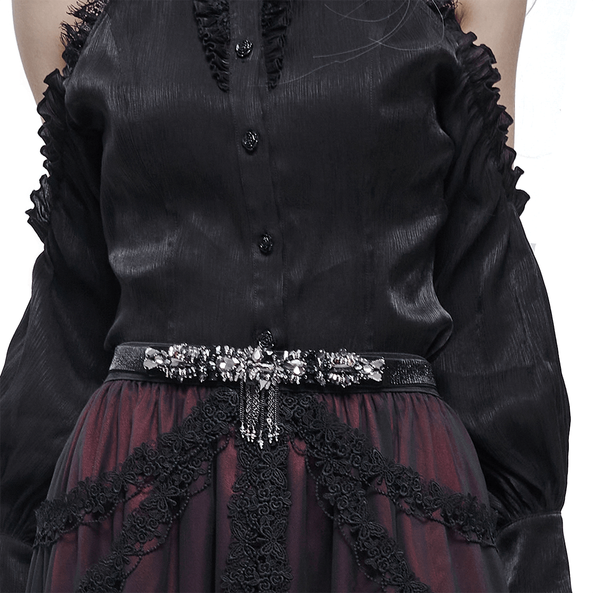 Fashionable black crystal glass tassel belt paired with a Gothic punk style outfit for women, adding elegance to any punk look.