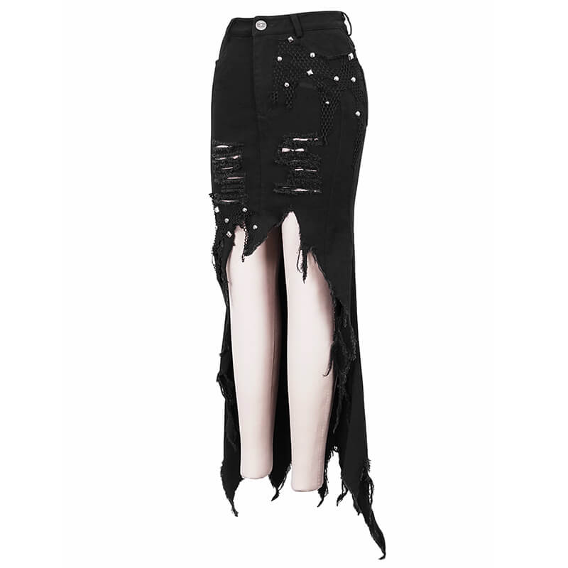 Fashion Black Fishtail Skirt for Women with Rivets / Gothic Punk High Waist  Skirts Torn in Front - HARD'N'HEAVY