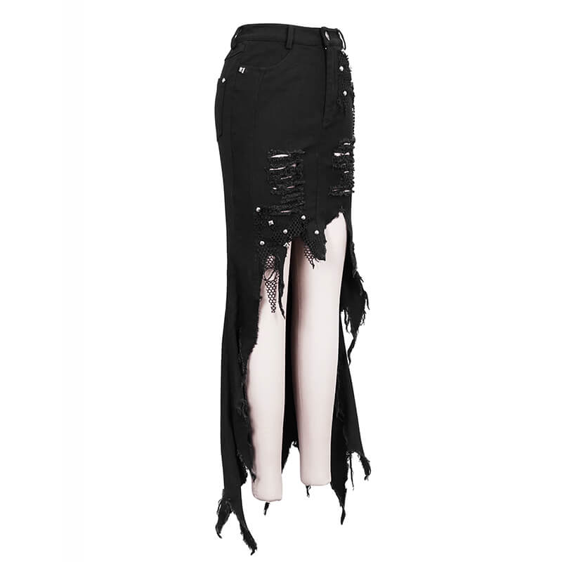 Fashion Black Fishtail Skirt for Women with Rivets / Gothic Punk High Waist  Skirts Torn in Front - HARD'N'HEAVY