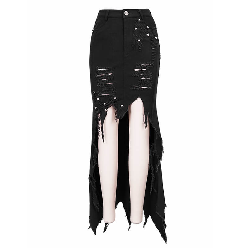 Fashion Black Fishtail Skirt for Women with Rivets / Gothic Punk High Waist  Skirts Torn in Front - HARD'N'HEAVY