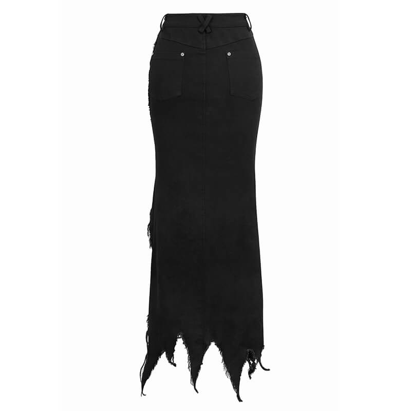 Fashion Black Fishtail Skirt for Women with Rivets / Gothic Punk High Waist  Skirts Torn in Front - HARD'N'HEAVY