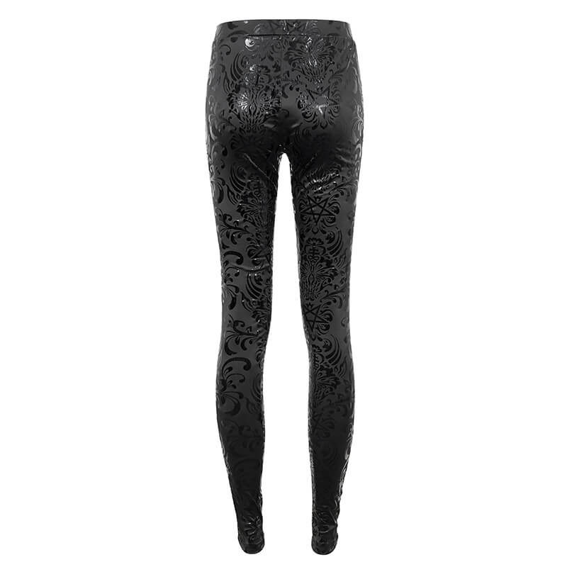 Gothic black leggings with floral and pentagram pattern, perfect for stylish comfort and elegance.