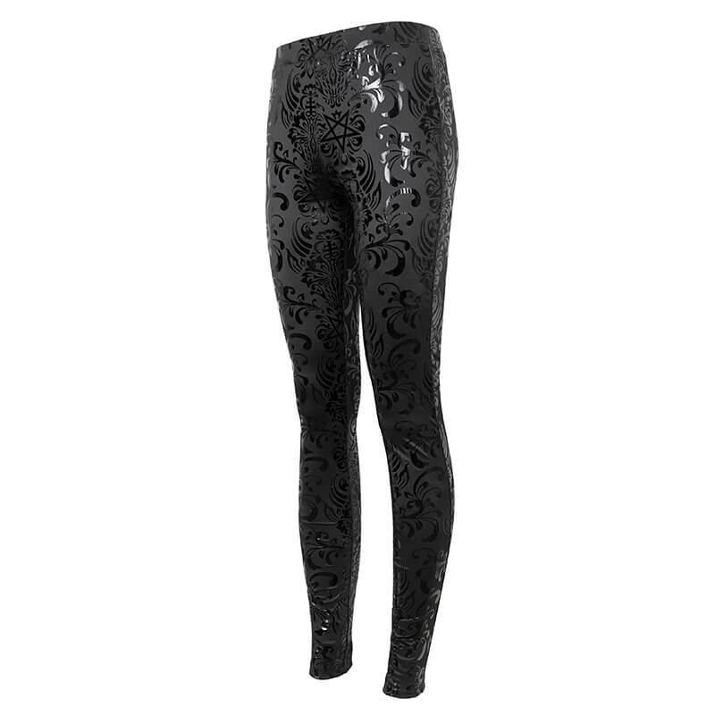 Gothic style black floral and pentagram leggings for women, combining chic elegance with unmatched comfort.