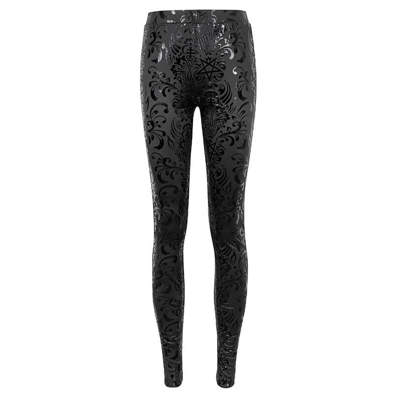Chic black floral and pentagram pattern leggings for women, embodying gothic elegance and style.