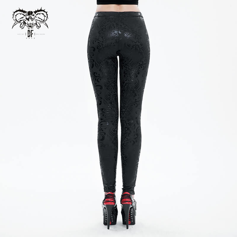 Fashionable black floral leggings with a sleek goth style, perfect for chic goth outfits.