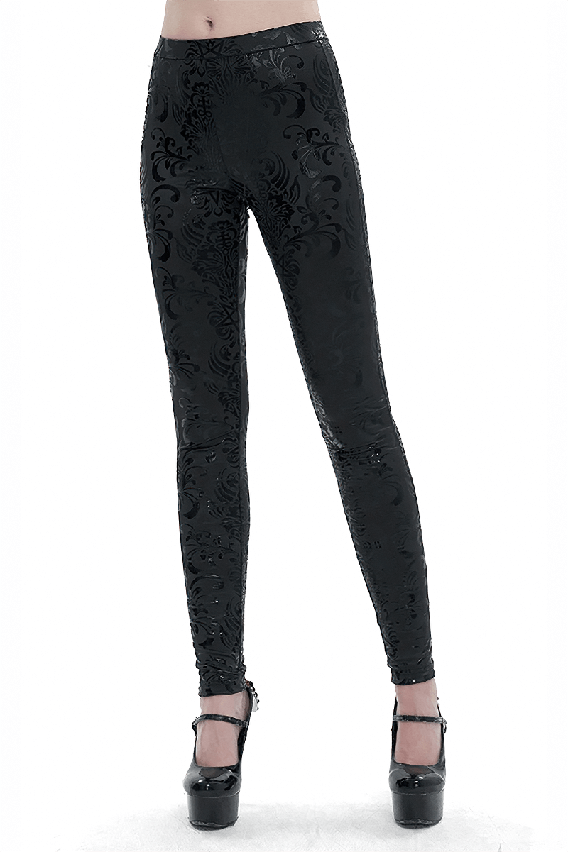 Chic black floral leggings for women with a gothic style, perfect blend of comfort and edgy fashion statement.