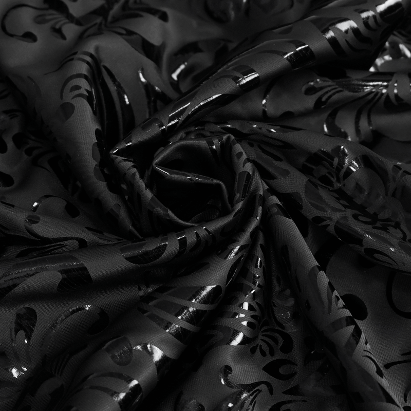 Luxury black fabric with glossy floral patterns, perfect for gothic style leggings and women's fashion.