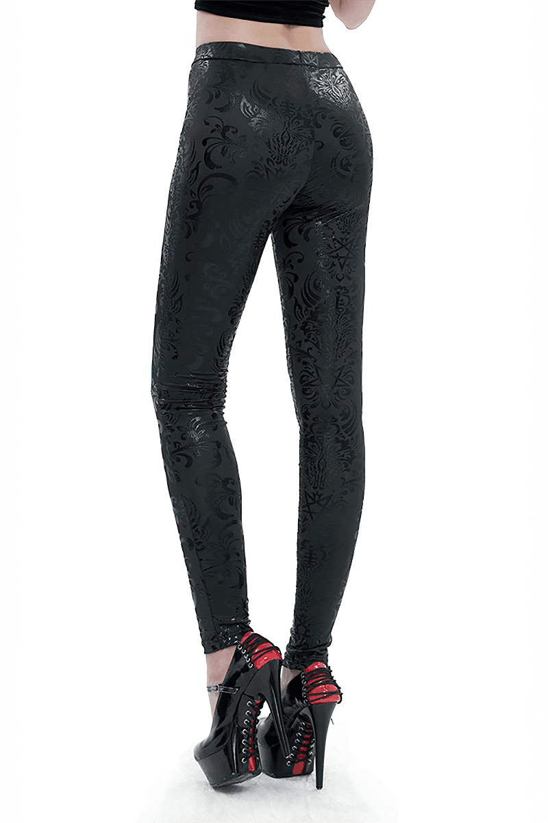 Gothic style women's black floral leggings designed for chic elegance and comfort, paired with stylish high heels.